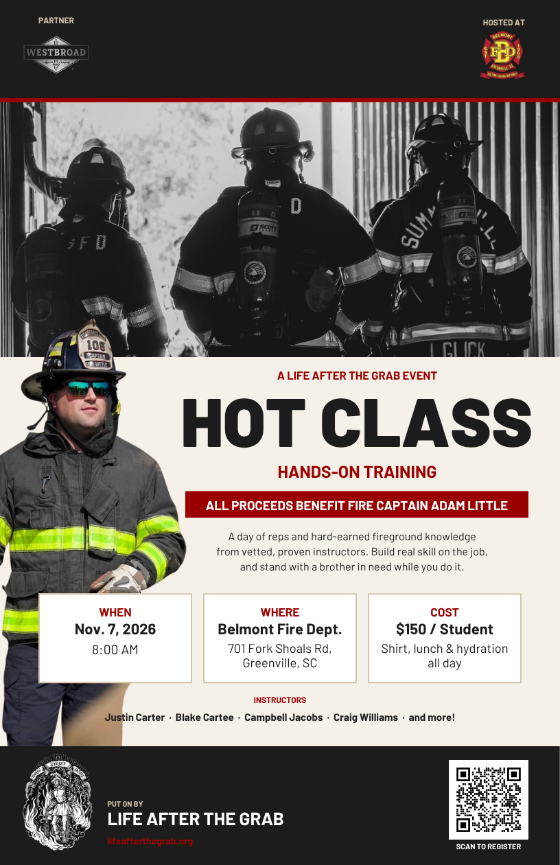 HOT Class hands-on training flyer, November 7 2026, Belmont Fire Dept, benefiting Fire Captain Adam Little
